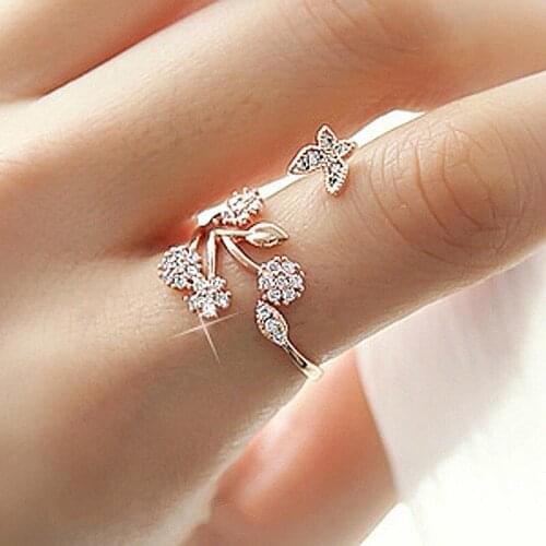 USTAR Butterfly fly in flower leaf finger rings for women fashion jewelry cubic zirconia adjustable open rings female anel gifts