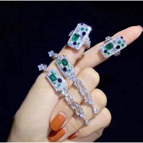 Vintage Female Luxury 925 Silver Tassel Earrings Ring Wedding Party Jewelry Set for Women Retro Green Zircon Crystal Jewelry