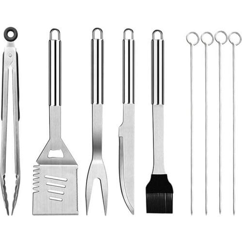 10PCS BBQ Grill Combination Tools Stainless Steel Skewers Tongs Spade Brush Set Kitchen Gadget Outdoor Cooking Accessories 2021