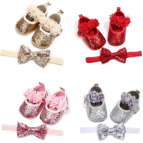 2021 Bowknot Sequins Baby Girls Shoes Infant Newborn Princess Shoes First Walkers + Hairband Baby Girl Birthday Party Shoes
