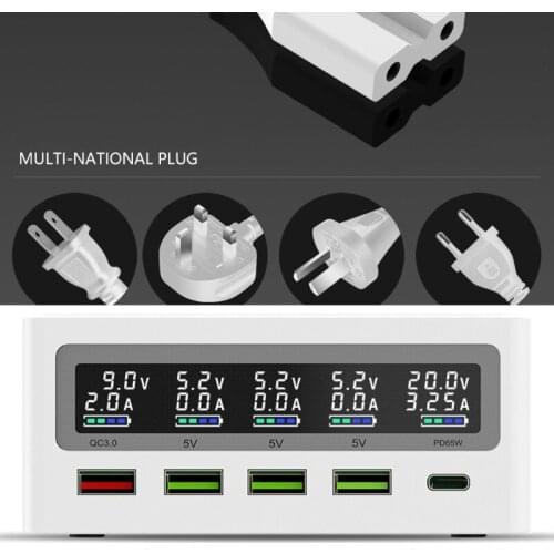 5-Port USB C Type C PD 65W Fast Charge Adapter 18W QC3.0 USB Hub Charger Station U1JA