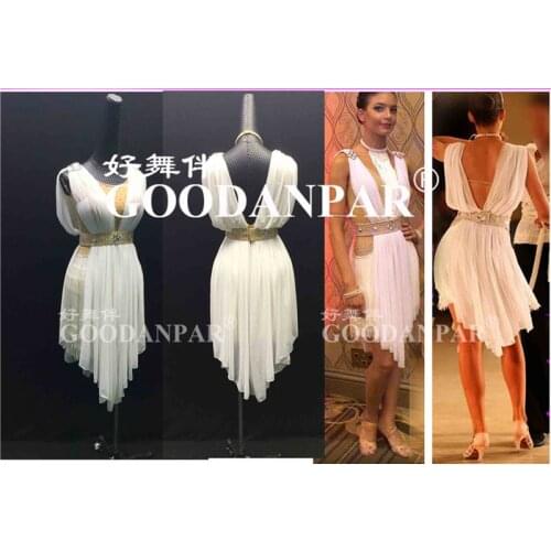 GOODANPAR White Elegant Round Neck Fringe Rhinestone Lycra Latin Dress Women latin Costume Competition Clothes Stage Dance Wear