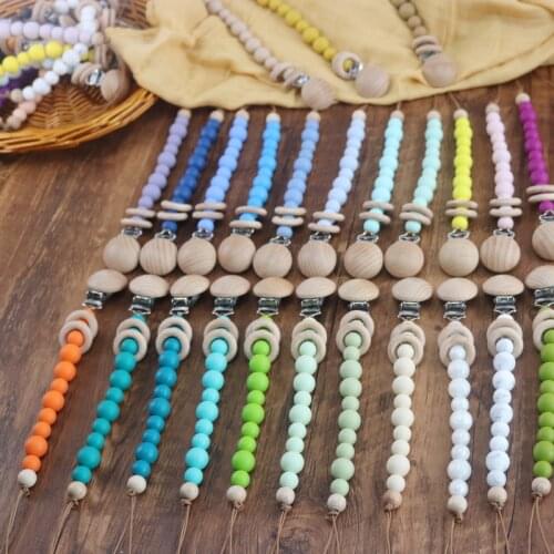 Baby Pacifier Chain Silicone Beads Beech Wooden Ring Pacifier Clip Teether Dummy Holder Infant Nipple Appease Soother Chain
