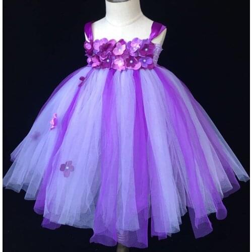 Girls Purple Flower Tutu Dress Baby Fluffy Crochet Tulle Dress Ball Gown with Headband Kids Wedding Party Dress Custom Long Tutu