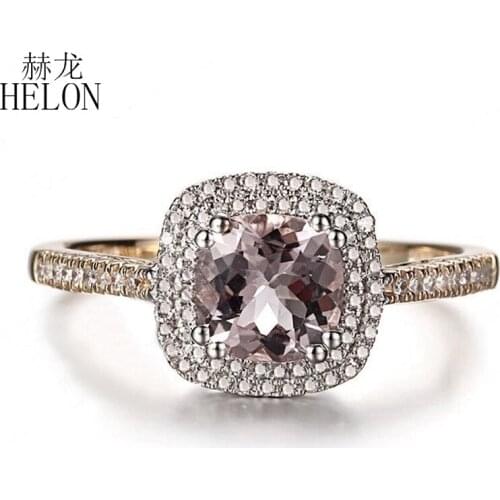HELON Solid 10K Yellow & White Gold Flawless Cushion 6mm Genuine Morganite Diamond Women Jewelry Engagement Wedding Diamond Ring