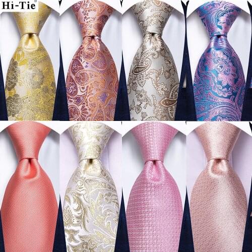 Hi-Tie Pink Orange Solid Paisley Design Silk Wedding Tie For Men Quality Hanky Cufflink Fashion Nicktie Business Party Dropship