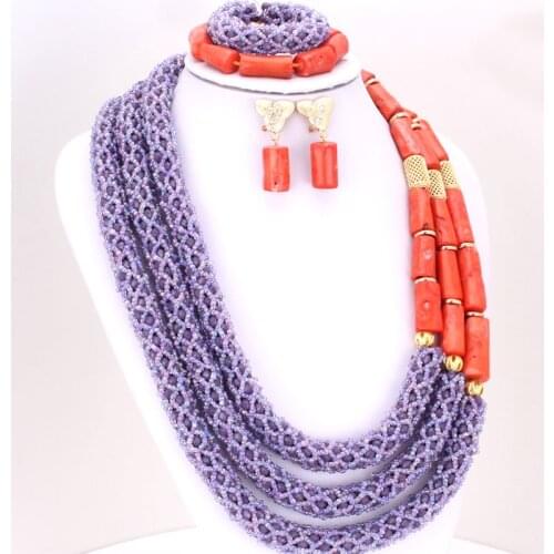 4ujewelry African Bridal Jewelry Sets Nigerian Original Coral Beads Necklace Set Purple and Orange
