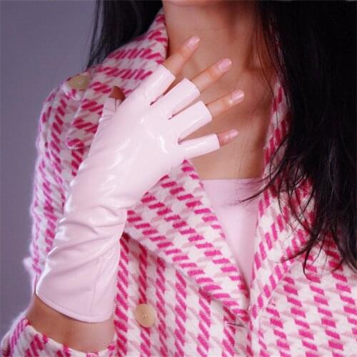 Patent Leather Half Finger Gloves 28cm Medium And Long Section Emulation Leather Bright Leather Light Pink Fingerless WPU143