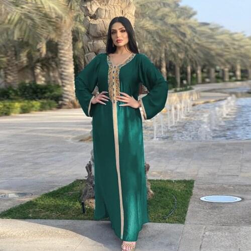Fashion Muslim Jalabiya Hijab Dress for Women Middle East Turkey Arabic Dubai Moroccan Kaftan Diamond V Neck Long Sleeve Green