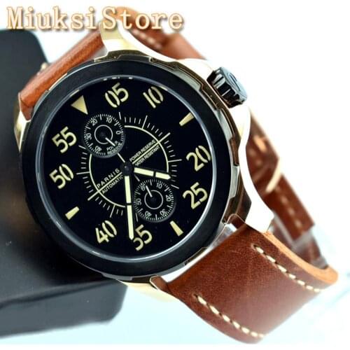 Parnis 44mm Mens Luxury Casual Watch Black PVD Case Sapphire Glass Sea gull 2542 Power Reserve Movement Automatic Mens Watch