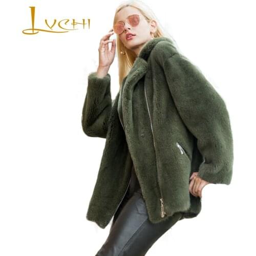 LVCHI 2019 Winter Import Mink Coats Real Fur Jacket Turn-Down Collar Zipper Natural Fur Mink Womens Army Green Medium Mink Coat