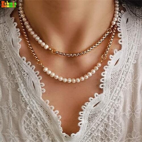 Kshmir Freshwater Pearl Necklace Metal Interval Long Necklace European and American Temperament Necklace Chain Exaggerated Pearl