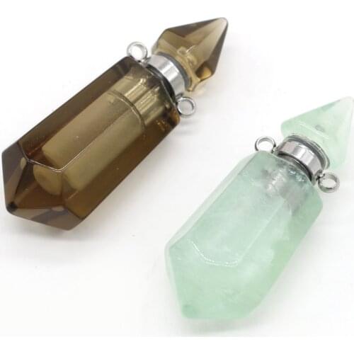 Natural Stone Perfume Bottle Pendant Charms Smoky Quartzs Green Aventurines Cone Shape Pendant Fine Essential oil Diffuser Gift