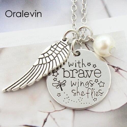 WITH BRAVE WINGS SHE FLIES Inspirational Hand Stamped Quote Angel Wing Necklace Gift Jewelry, #LN2052