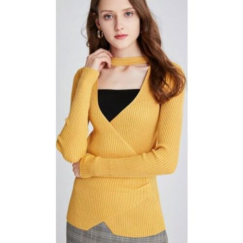 Sexy V-neck Sweater Women Yellow Long Sleeve Pullover Fashion Outdoor Casual Bottoming Shirt 2020 Best-selling Female Sweatshirt