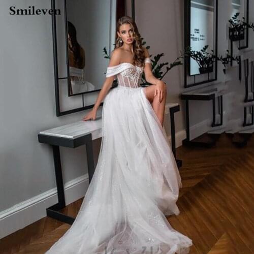 Smileven Bohemian Wedding Dresses Boho Off the Shoulder Glitter Tulle Wedding Gown A-Line Lace Bridal Dress 2021