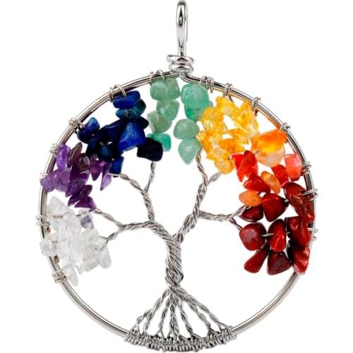 TUMBEELLUWA 1Lot (5Pc) Healing Chakra Tree of Life Pendant Chips Stone Handmade Wire Wrapped Jewelry