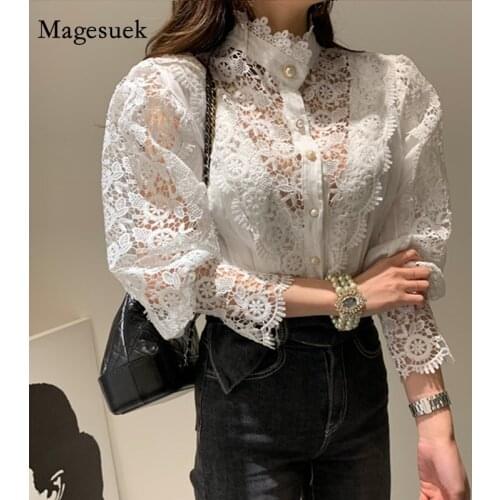 Spring Crochet Lace Blouse Women Hollow Out Flower Lace Patchwork Shirt Stand Collar Long Sleeve All-match Chic Button Top 13206