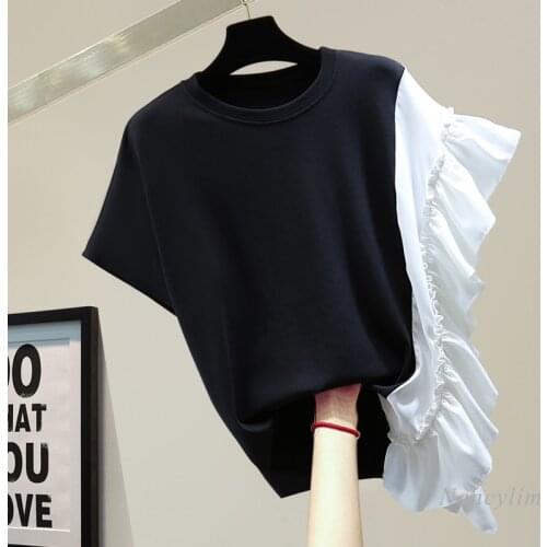 Irregular Ruffles Short Sleeve T-shirt Women 2021 Summer Korean Style Loose Chiffon Stitching Casual All-Matching Top Black Grey