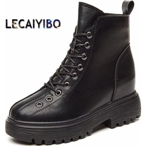 Punk Goth Military Women Lace Up Cow Leather Round Toe Ankle Boots Platform Wedge High Heels Creeper Shoes 34 -39