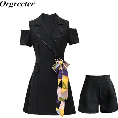 Suit Jacket Dress Two piece set Women Summer 2021 New Elegant Ladies Notched collar Strapless Sashes Bow Blazer and Shorts Sets