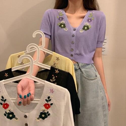 Women V-Neck Knitted Casual Sweaters Cardigans Lady Knitting Embroideried Floral Summer Cardigan Outwear Crop Top Female