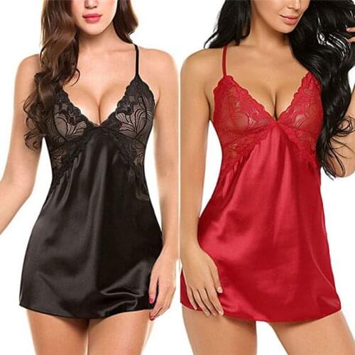Women S-2XL Sexy Lace Satin thin Nightwear Sleepwear Babydoll Erotic Costumes Underwear Lingerie Hot Porno Dress For Female