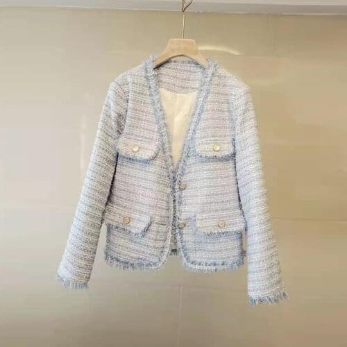 2021 New Tassel Tweed Jackets Coat Women V Neck Long Sleeve Vintage Woolen Coats Buttons Korean Loose Outwear Plaid Blue Pink