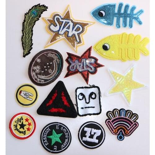 2 Pcs Various cute cartoons Fish Bones Feathers Stars Moai icon Iron on Patch for Clothing DIY Strip Patchwork Custom Badges