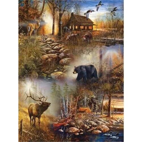 5D DIY Full Round Diamond Painting Forest Scenery 3D Embroidery Deer & Bear Cross Stitch Rhinestone Mosaic Home Decor Art Y1458