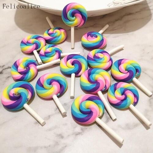 8pcs Kawaii Flatback DIY Clay Rainbow Color Lollipop Cabochons Flat Back Scrapbooking Hair Bow Embellishments Decoration:28*45mm