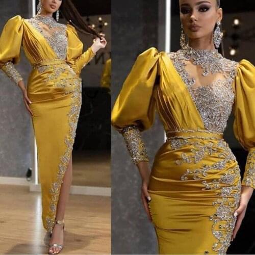 Ankle-length Arabic Evening Formal Dresses 2020 Sparkly Crystal Beaded Lace High Neck Long Sleeve Sexy Slit Occasion Prom Dress