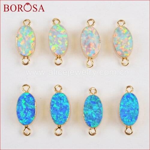 BOROSA 10PCS New Arrival Oval Gold Color Japanese Opal Connectors Manmade Opal Gems Double Connector for Jewelry Making G1460