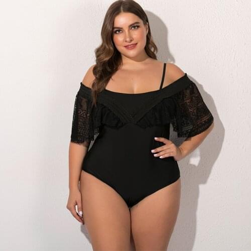 One Piece Black Lace Swimwear Plus Big Breast Woman V Neck Off Shoulder Ruffled Vintage Swimsuits Large Monokini Beach Swim Wear