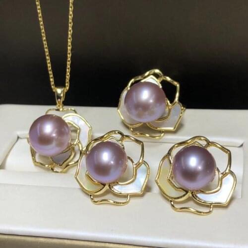 D510 Pearl Set Fine Jewelry Round 10-11mm Nature Fresh Water Light Purple Pearls Jewelry Sets for Women Presents