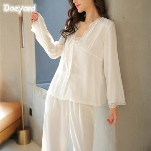 Daeyard New Stain Lace Women Pajamas Set 2 Pieces Spring Autumn Sleepwear Elegant Solid Color V-neck Ice Silk Homewear