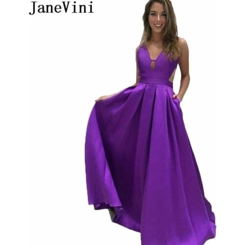 JaneVini V-Neck Purple Bridesmaid Dress with Pockets Long Satin Bridesmaids Party Gowns 2019 Backless A Line Wedding Guest Dress