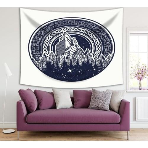 Tapestry Mountains Stars and Forest in Circle Tribal Ethnic Ornamental Patterns Nature Theme Illustration Navy Blue