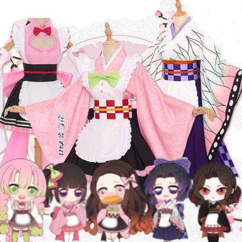 Kimetsu no Yaiba Demon Slayer Kochou Shinobu Tsuyuri Kanawo Kanroji Mitsuri Kamado Nezuko Halloween Maid Cosplay Costume Kimono