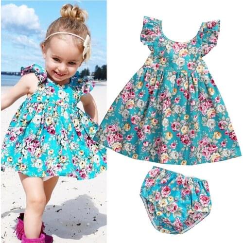 Summer Lovely Little Girls Dress Infant Ruffle Floral Dresses Baby Girl Clothes Sundress and Briefs Outfits Clothes Set