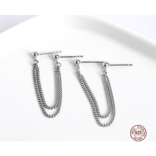 LKO 925 Sterling Silver Tassel Punk Hip Hop Cuban Link Chain Stud Earrings For Women Men Rock Pair Charming Jewelry Ornaments