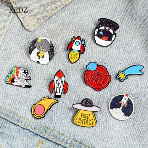 XEDZ Cartoon rocket astronaut space flight stars space enamel pin men and women metal badge punk clothes lapel brooch gift