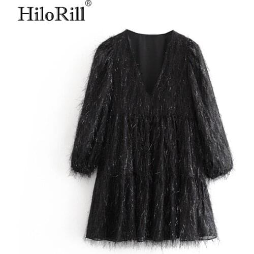 HiloRill Women Mini Dress Long Sleeve V Neck Solid Tassel Party Dress Casual Loose Pleated Short Dress Female Christmas Dress