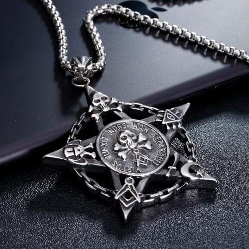 Mens Skull Pendant Chain Pentacle Moon Star Masonic Magic Titanium Stainless Steel Pentagram Necklace