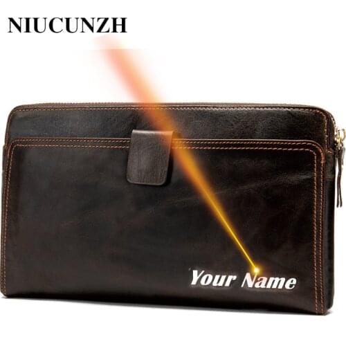 NIUCUNZH Mens Leather Wallets Genuine Leather Wallet Zipper Man Long Wallet Card Holder Coin Purse Clutch Engraved carteira 9041