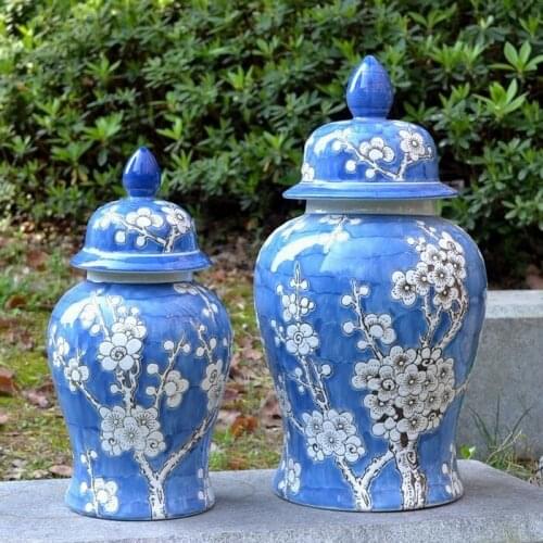 New Chinese Style Relief Blue And White Porcelain Ginger jar pot Plum Blossom Pattern Ceramic temple Jar