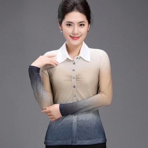 Office Lady Elegant Women Summer Spring Full Sleeve Stretch Mesh Blouse , Painted 3XL 4XL Slim Single Breasted Blouses For Woman