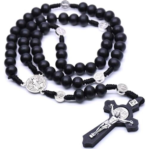 Black Wooden Cross Religious Necklace Catholic Rosary Necklace Church Souvenirs QX2E