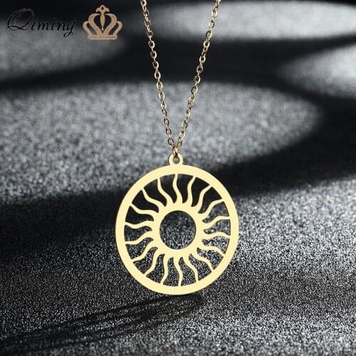 Hollow Circle Sun Charm Fashion Necklace For Women Gold Sunshine Sunny Solar System Stainless Steel Jewelry Gift