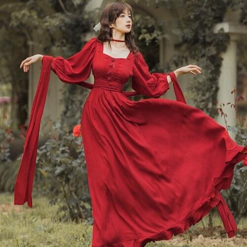 Luxury Red Long Dress For Slim Lady Vintage 3D Emroidery Rose Lantern Sleeve Ankle Length Dresses Vestido Robe Rouge Femme